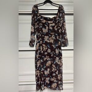 Abercrombie & Fitch Brown Floral Long-Sleeve Dress with Blue and Cream Accents